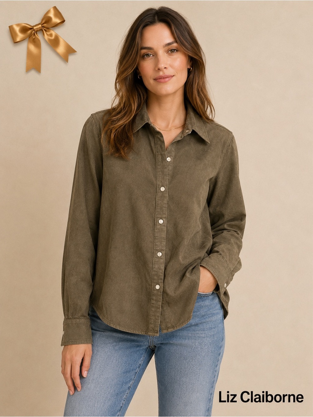 The Liz Claiborne Brown Faux Suede Snap Front Shirt Size L